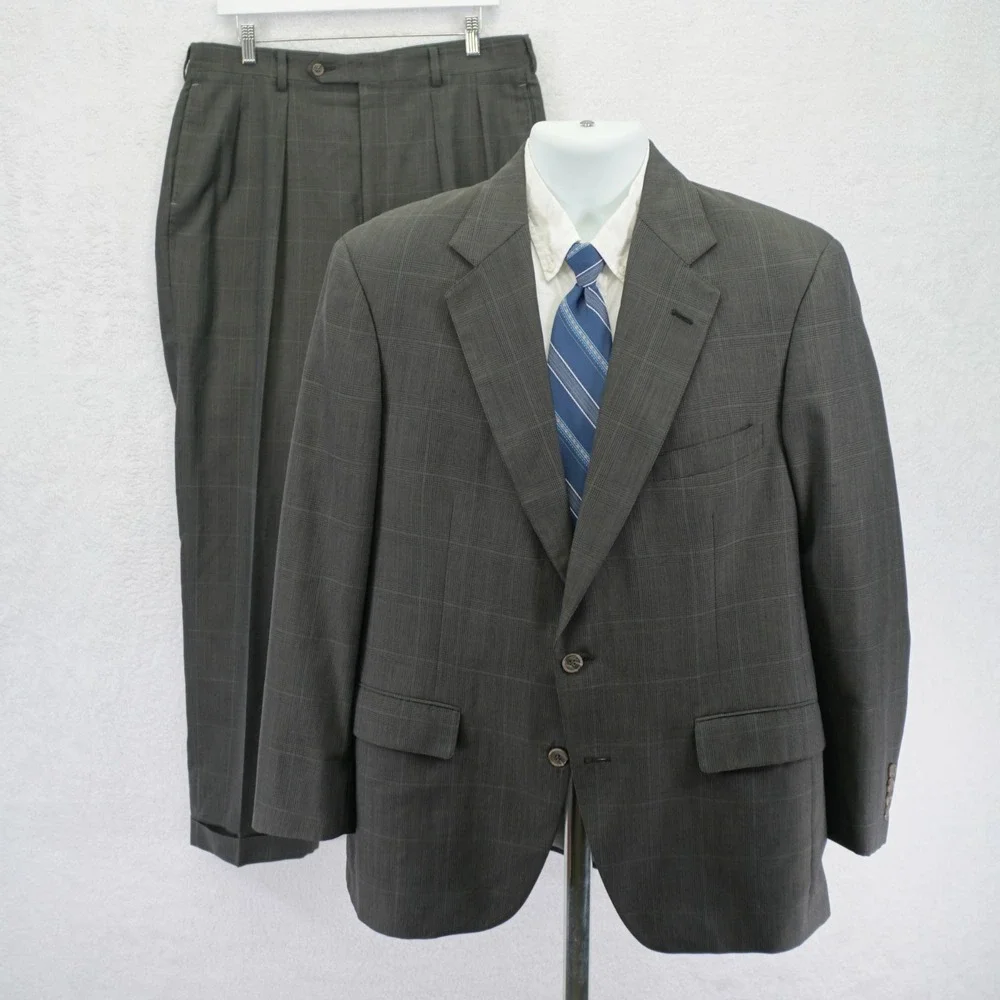 DAMAGED Jos A Bank Wool Green Plaid 2 Piece Suit 40R 35 / 31 W/ Orange Red Wind